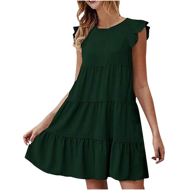 Staron Robes d'Été pour Femmes 2025 à Manches à Volants, Ligne A, Boho, Mini-Robe, Plage, Vacances, Fluide, à Étages, Smockée, Col Ras du Cou, Courtes, Vert Armée, P