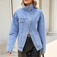 thumbnail image 2 of Women's Oversized Denim Jacket Stand Collar Asymmetric Button Long Sleeve Casual Jean Coat Vintage Washed Street Outerwear with Pockets Light Blue, 2 of 9