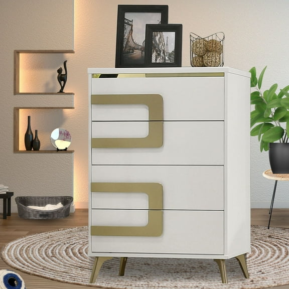 Kings Brand Furniture Claire 4-Drawer Chest Dresser, Bedroom Storage Organizer, White/Gold