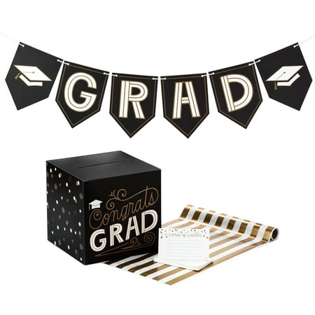 Hallmark Graduation Party Kit, Black and Gold (Banner, Table Runner, Card Box, 25 Advice Cards)