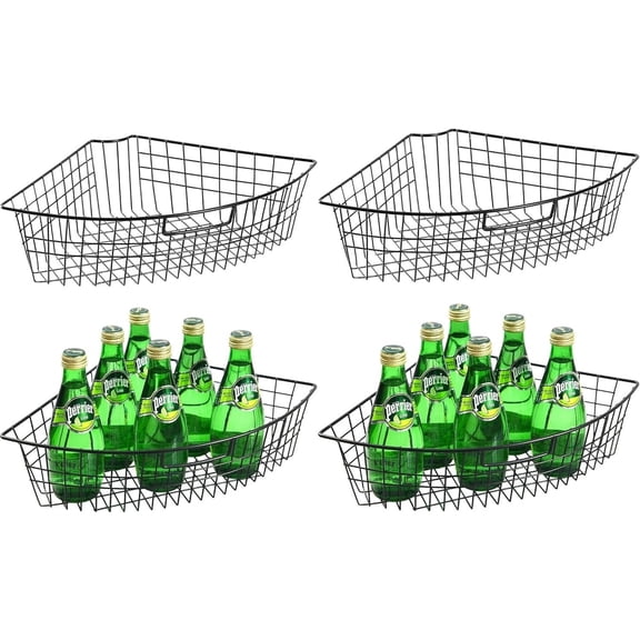 2/4 Pack Metal Lazy Susan Organizer Baskets with Handles  1/4 Wedge Wire Storage Bins for 24" Lazy Susan Turntable, Kitchen Cabinet & Pantry Organizer, Black