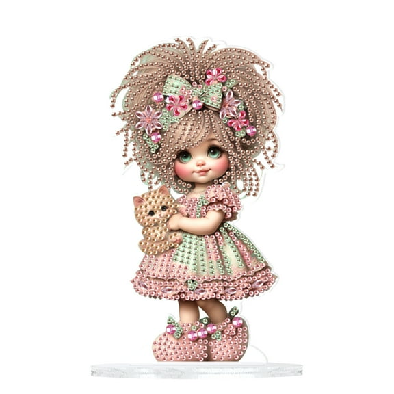 Diamond Art Painting Ornament, Doll Holding Kitten DIY Desktop Diamond Art Painting Decoration, Acrylic Special Shape Diamond Art Home Decor and Gifts, Desktop Placement Decoration