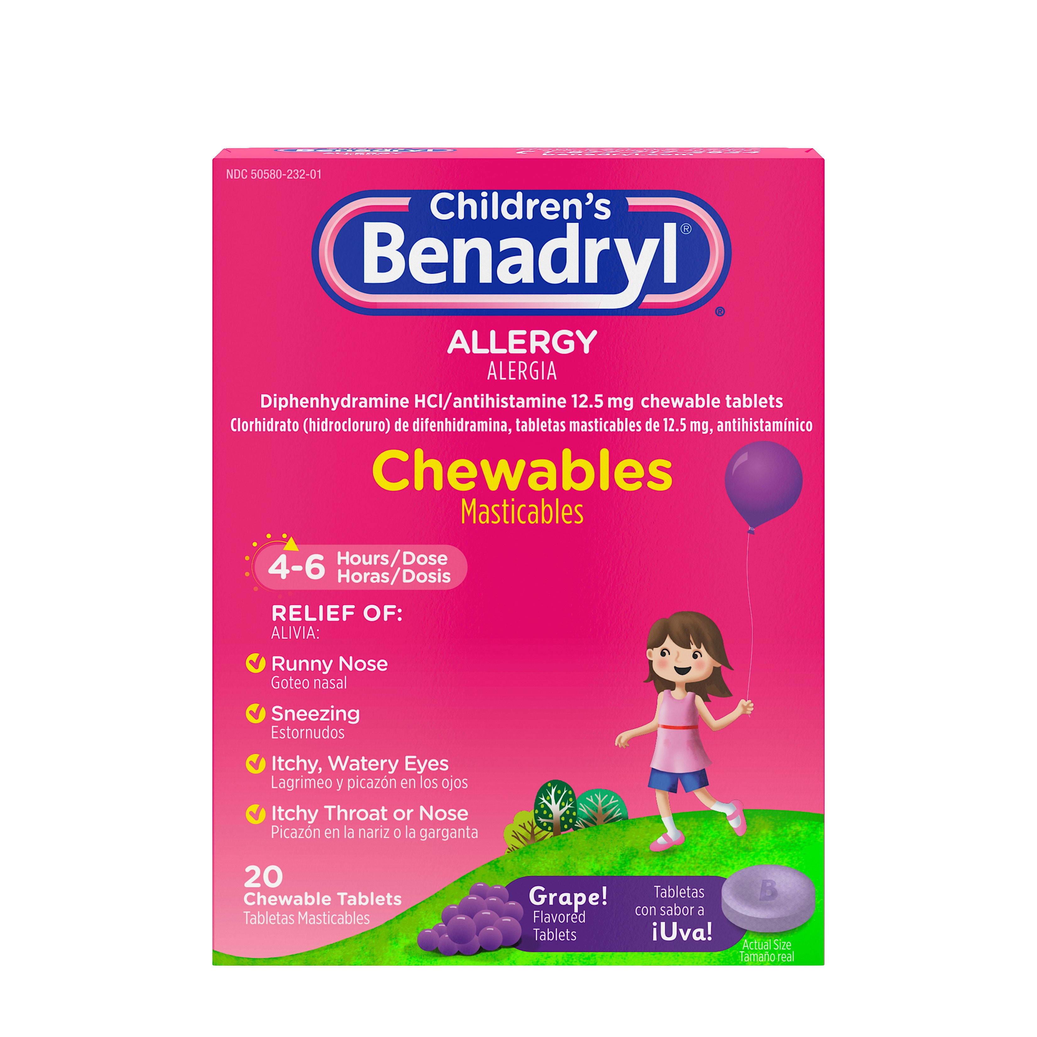 Children's Benadryl Allergy Relief Chewable Tablets, Grape, 20 ct