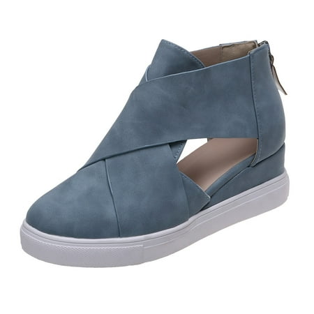 

casual shoes for Women Leisure Women s Summer Hollow Out Non Slip Wedges Round Toe Breathable Zipper Lazy Leather Shoes Sandals artificial leather Dress Sandals for Women Sky Blue