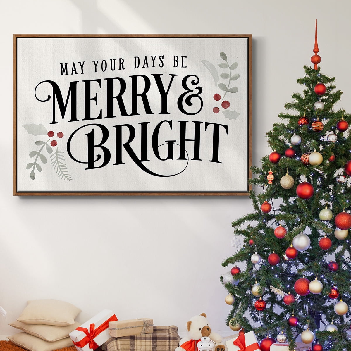 Merry Sentiment II - Framed Gallery Wrapped Holiday Canvas - 27 x 41 - Rosewood Frame