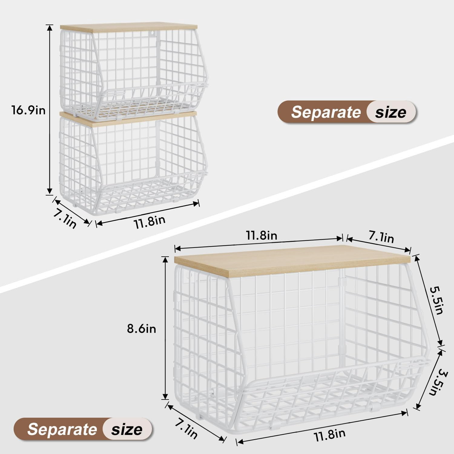 Wetheny 2pcs Wall Mounted Wire Basket Fruit Basket with Wood Top - Kitchen Pantry Organization and Storage, Stackable Tiered Hanging Baskets for Fruits, Onion, Potato, Produce, Vegetable,Storage