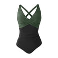 thumbnail image 5 of VISALY One Piece Swimsuits Tummy Control Ruched Push Up Color Block Crisscross V Neck Tie Back Full Coverage Bathing Suit Slimming Swimwear Wide Straps Swim Suit Wrap Swimwear Blackish Green L, 5 of 5