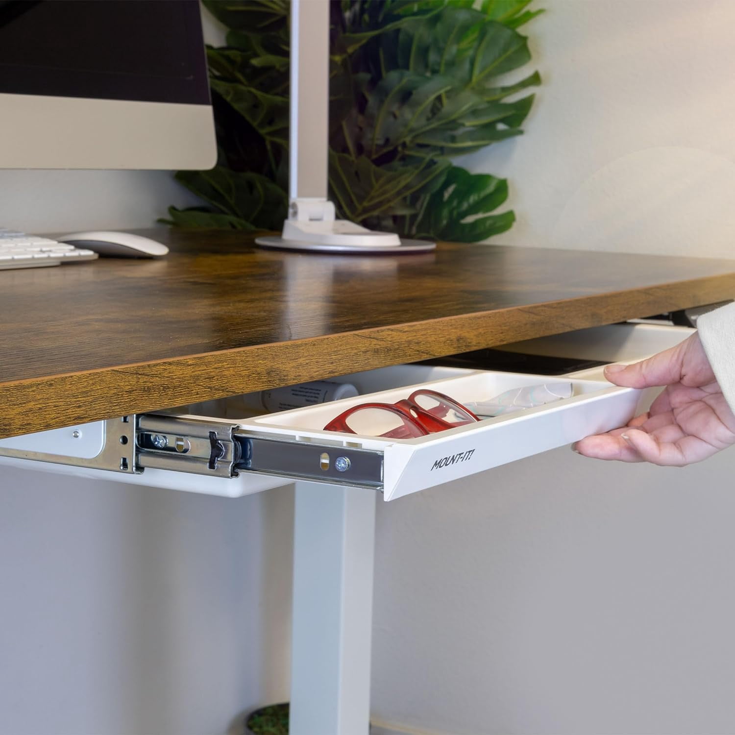 Mount-It! Under Desk Drawer with 4 Compartments, Deep Low-Profile Slide-Out Storage Organizer, 25.8″ x 12.5″ x 1.6″, SMOOTH Glide Pull-Out Tray for Traditional & Single Motor Standing Desks, White
