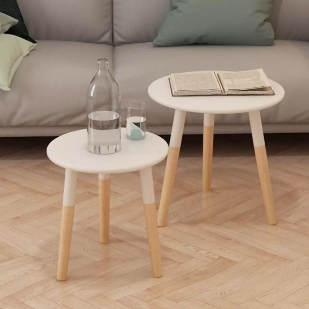 Side Table Set 2 Pieces Solid Pinewood, White End Tables Living Room Set Of 2