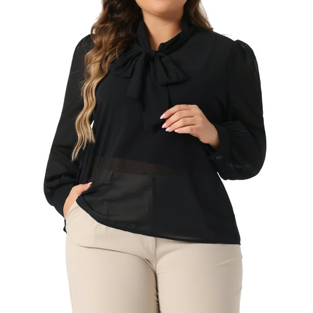 Blusa de mujer plus size GRACE & GRANDEUR, transparente de malla, chiffon, casual elegante, con lazo en el cuello, de manga larga, talla 4X, color negro