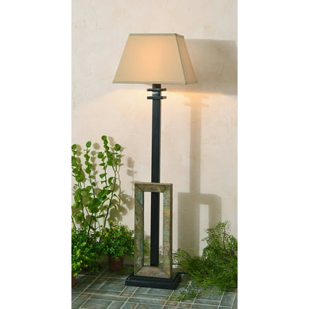 Kenroy Home Geometric All-Weather Outdoor Floor Lamp, 60-inch height, Natural Slate Finish, Tan Tapered Rectangular Shade, UL Approved for Wet
