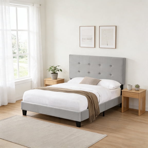 ASINMAK Full Size Gray Velvet Tufted Upholstered Platform Bed Frame with Wood Slat Support, No Box Spring Needed