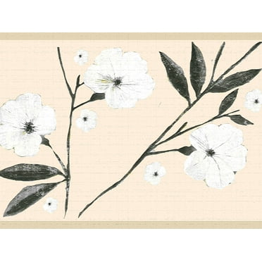 Dundee Deco's Peel and Stick Wallpaper Border - Floral White Cream Flowers and Leaves Wall Border Retro Design, 15 ft x 7 in, Self Adhesive