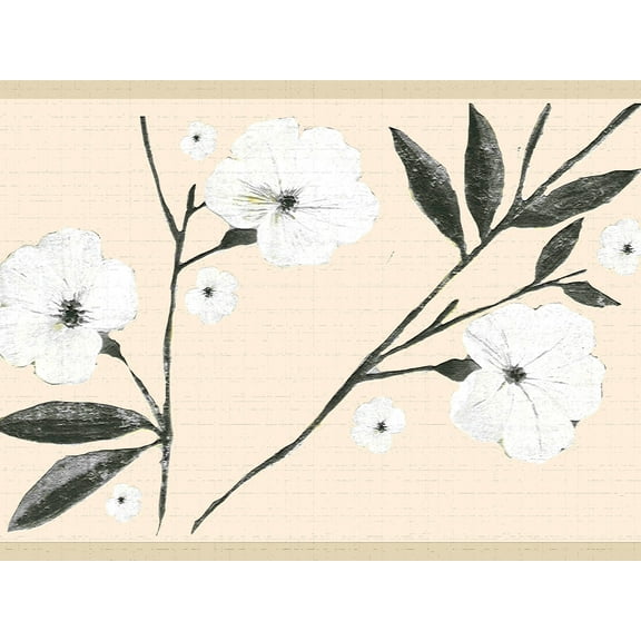 Dundee Deco's Peel and Stick Wallpaper Border - Floral White Cream Flowers and Leaves Wall Border Retro Design, 15 ft x 7 in, Self Adhesive