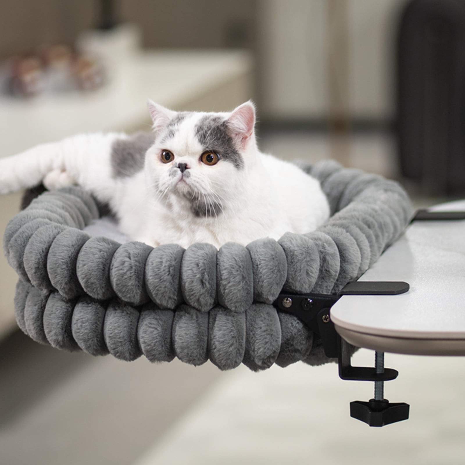 CheerPals Cat Desk Bed, 21*15in Double-Layer Foldable Cats Hammock, Plush&Grids Design for All Reason(Medium,Grey)