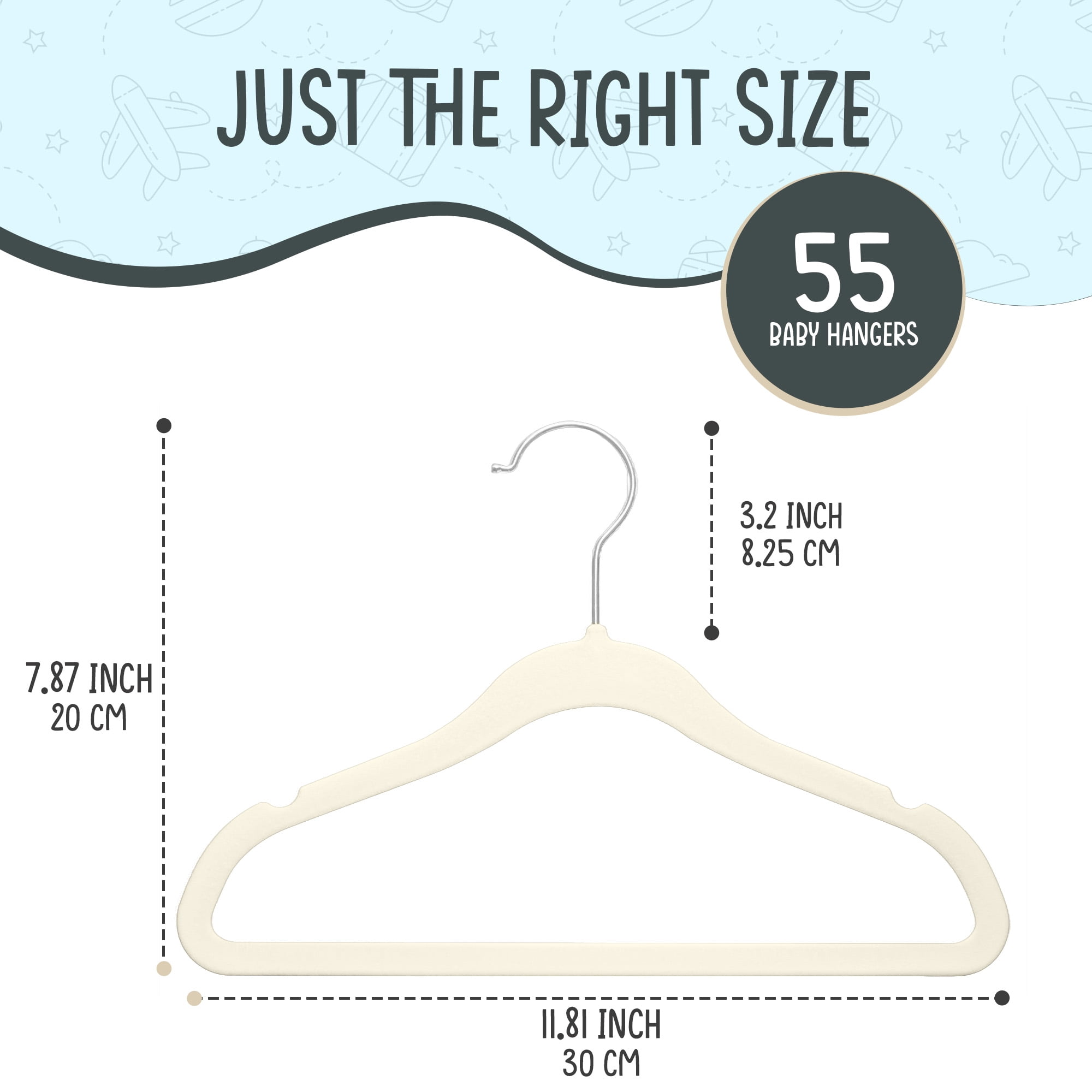 Techzoo Premium Baby Velvet Hangers 55 Pack – 11.8" Non Slip Felt Cloth Hangers for Closet – Ultra Slim, Space Saving Baby Clothes Hangers with 360° Swivel Hook Infant Hangers – Ivory