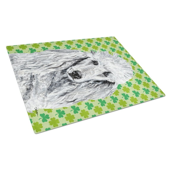 White Standard Poodle Lucky Shamrock St. Patricks Day Glass Cutting Board Large