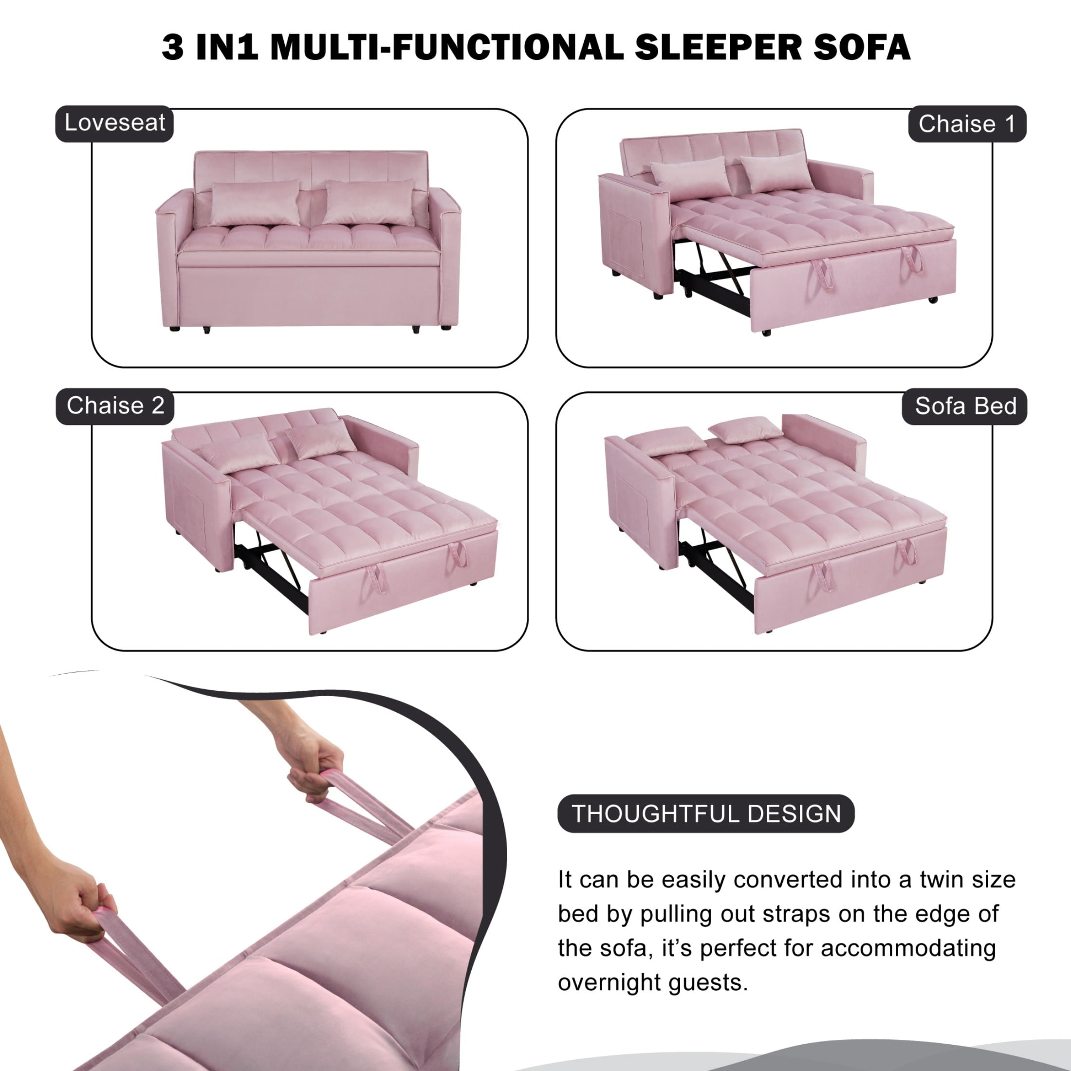 Gewnee 54" Modern Convertible Velvet Futon Sofa Bed with Pull-Out Sleeper and Adjustable Backrest, Loveseat Couch for Living Room or Office (Pink)