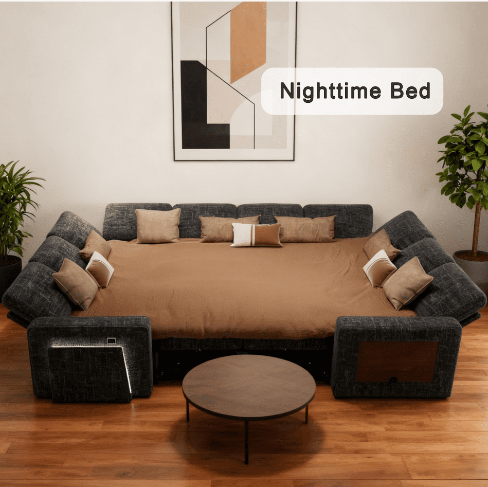 8-Seat Large U Shaped Modular Sectional | Pull Out Bed Sleeper Sofa Dark Black/ Reclining Backrest, USB Ports, LED Light & Storage Seat - Tool-Free Assembly