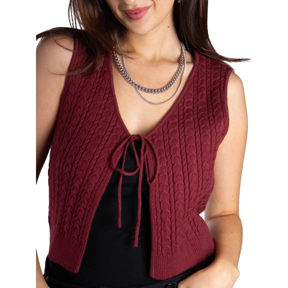 DARING DIVA Women's Stylish AK Cable Knit Tie Vest S Burgundy