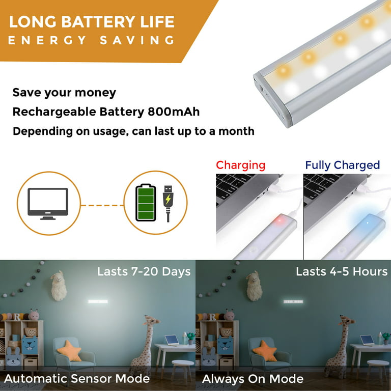 Homelife - Barras de luces LED con sensor de movimiento, 20 LEDS,  iluminación inalámbrica debajo del gabinete, luces LED de armario, batería