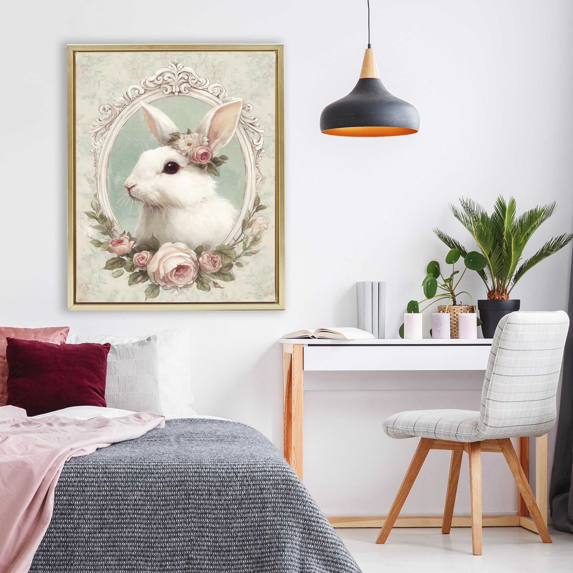 Stupell Industries Flower Fringed Bunny Portrait Gold Framed Floater Canvas Wall Art, design by Ink Drop Loft