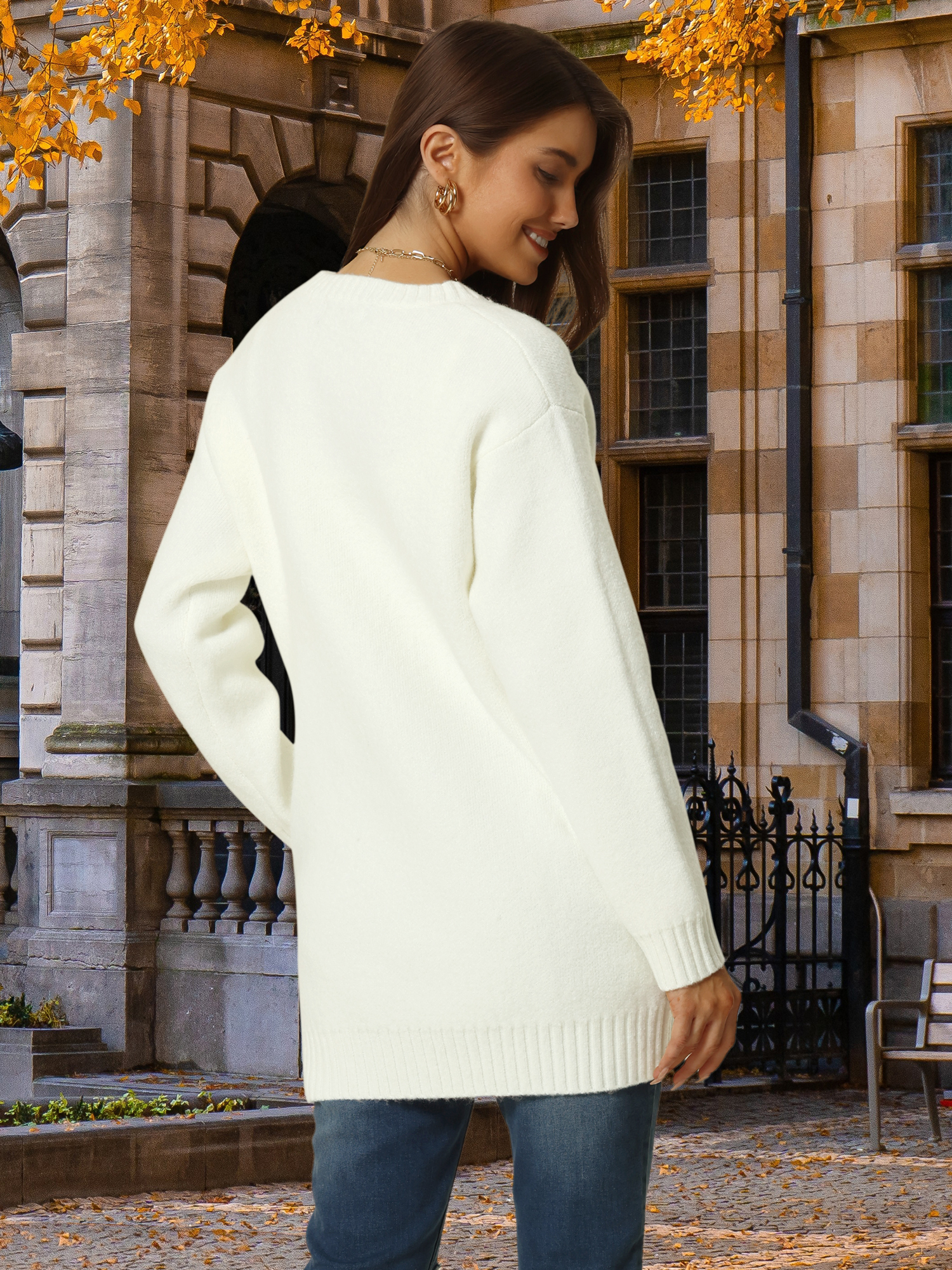 DARING DIVA Round Neck Pullover Long Sleeve Casual Sweater M White