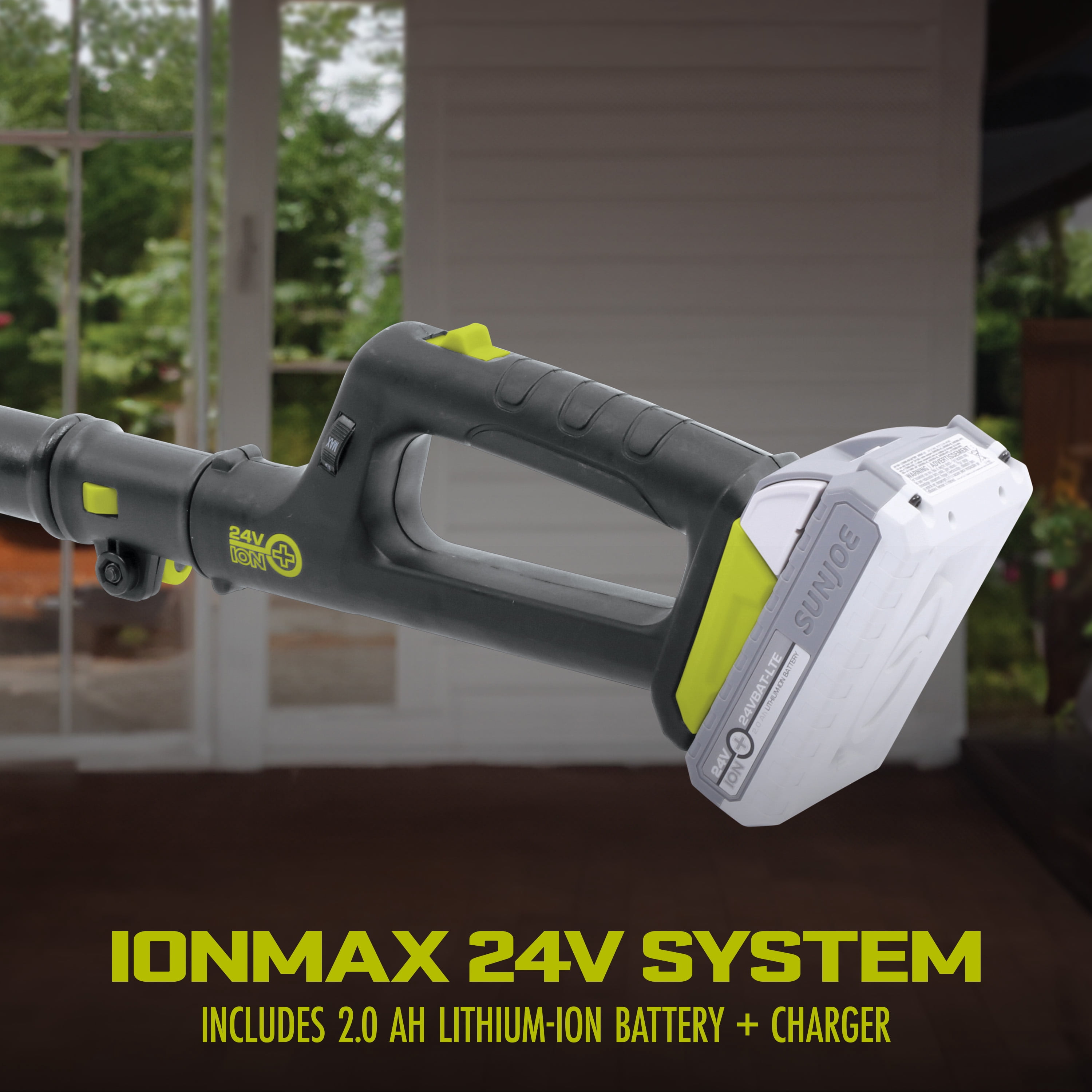 Sun Joe 24V Cordless Handheld Pole Leaf Blower, 78 MPH, 210 CFM, 7 Speed Settings, 8 Ft Reach, 2.0-Ah Battery + Charger