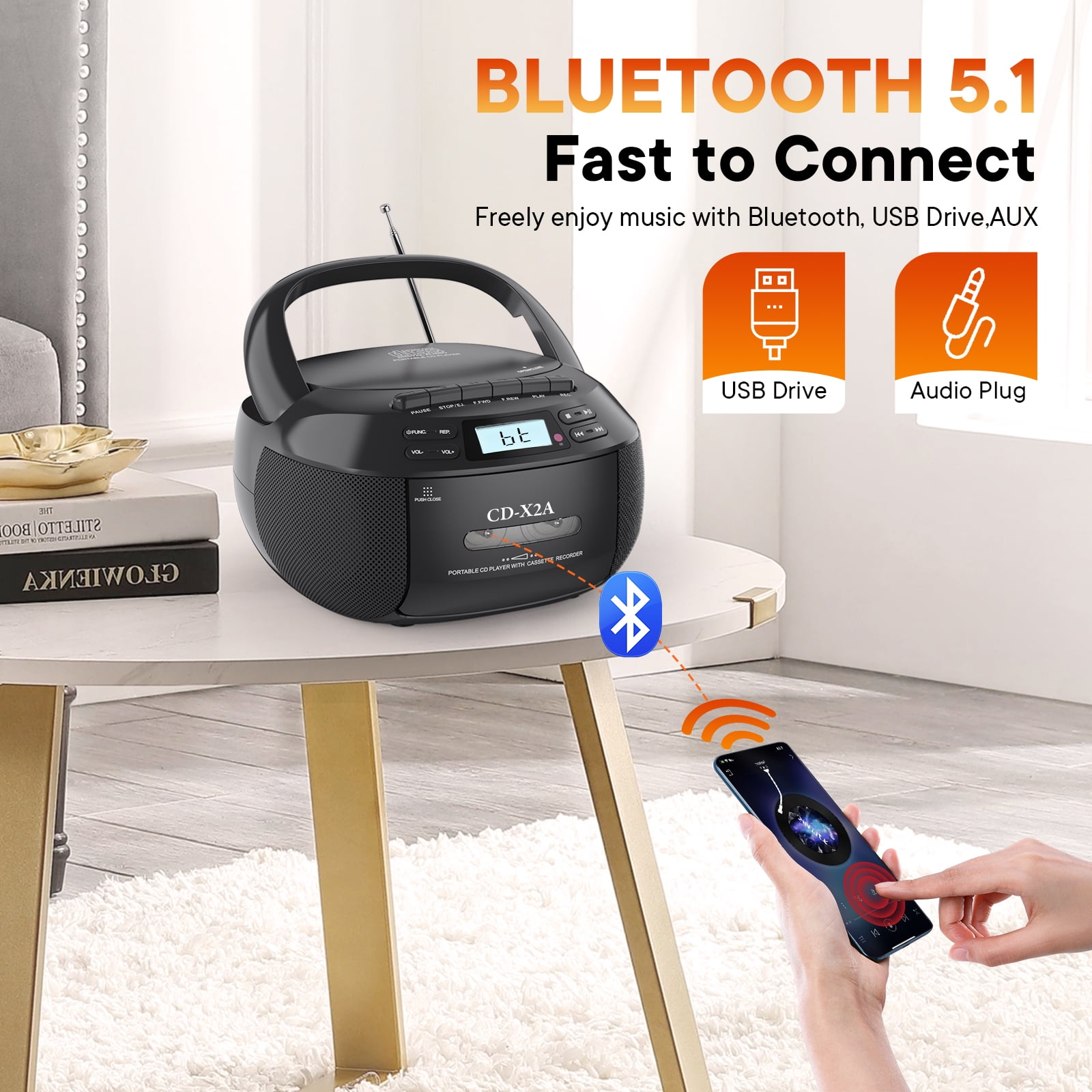 Boombox CD Cassette Player Combo, Boom Box and AM FM Radio with Bluetooth for Home & Outdoor, Stereo Sound with Remote Control, AC/Battery Operated, LCD Display, Support AUX USB Earphone