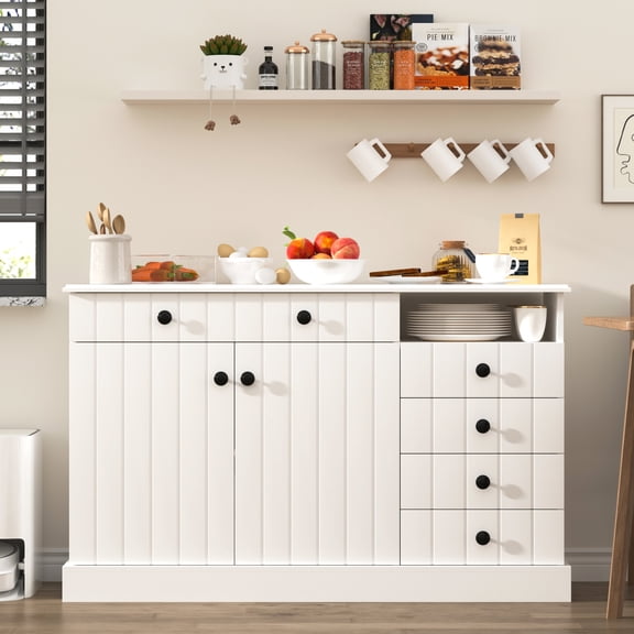 NAIYUFA White Fluted Sideboard Buffet Cabinet with 5 Drawers, 2 Doors and Open Shelf, Storage Cabinet for Kitchen, Dining Room and Living Room