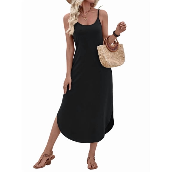 Women'S Summer Casual Sleeveless U Neck Dress Beach Cover Up Long Maxi Dresses with Pocket Black S