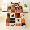 thumbnail image 3 of Homewish Patchwork Plaid Halloween Twin Sheets for Kids, Retro Orange Grid Cat Spider Bedding, 3 Pieces, 1 Flat Sheet, 1 Fitted Sheet and 1 Pillowcase, 3 of 5