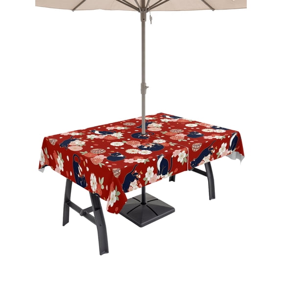 52x70 Inch Outdoor Tablecloth with Umbrella Hole Zipper Rectangle Red Blossoms Black Cat Rectangular Tablecloths Outside Waterproof Farmhouse Romantic Flowers Patio Table Cloth Cover for Picnic Party