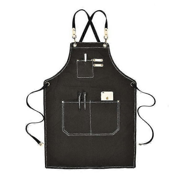 Canvas Work Apron With Adjustable Strap Multi Pockets For Barista Barber Beauty Salon Black