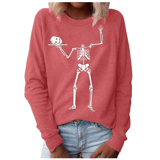 Sudadera con capucha de Halloween de manga larga informal suelta con estampado de cuello redondo para mujer Pompotops gfhjh3465