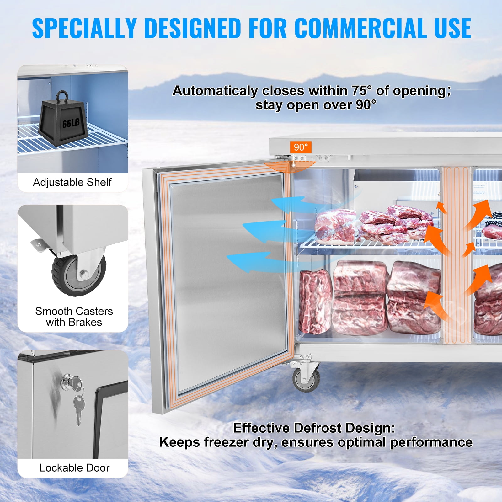 KFFKFF 48" Professional Chilled Storage for Sandwiches & Salads, 12.9 Cu. Ft Stainless Steel Food Preparation Station with Dual Doors, No-Frost Fridge with Lock for Eateries, Pubs