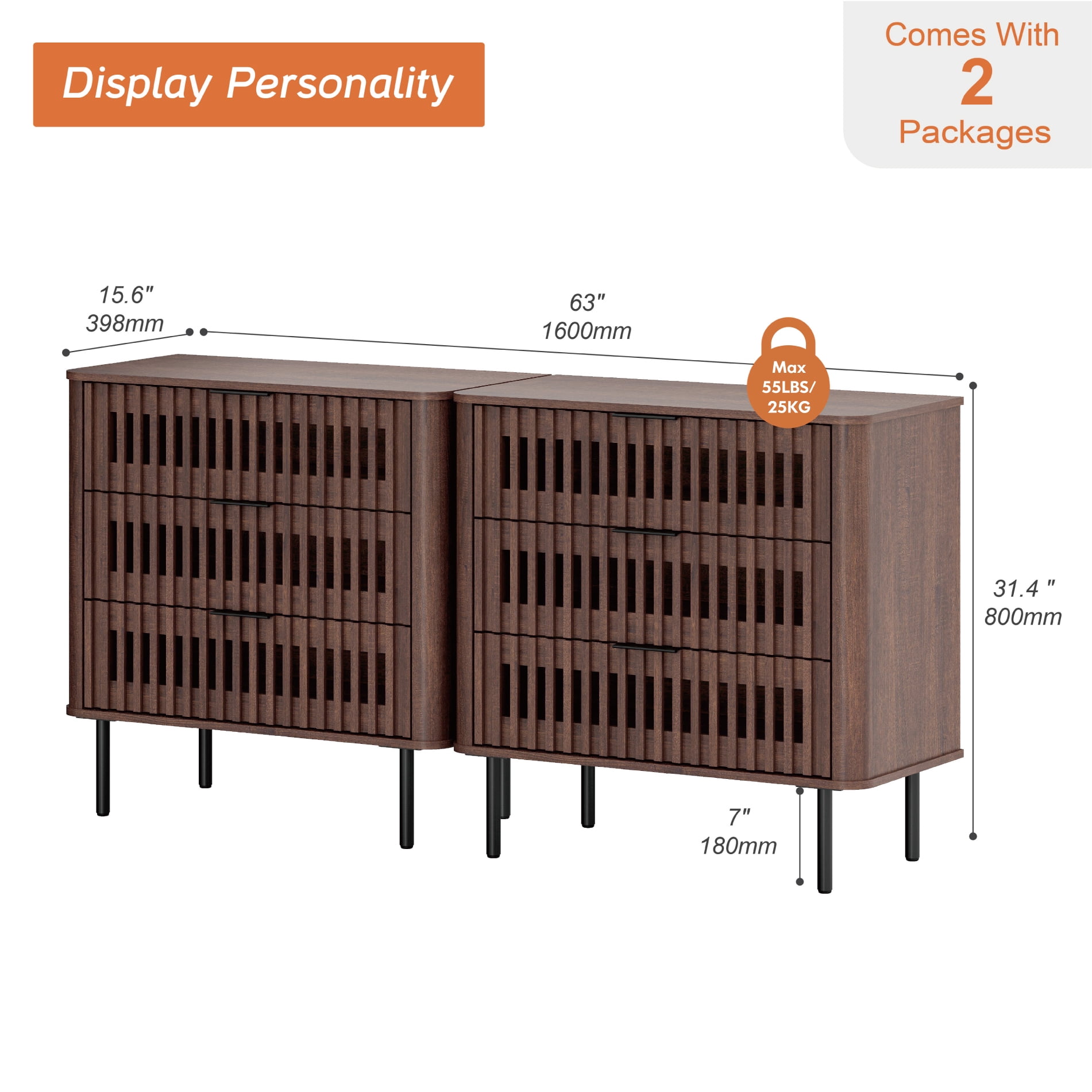 63"W Sideboard Buffet Cabinet with Storage, Fluted Kitchen Buffet Storage Cabinet with 6 Drawer, Large Coffee Bar Cabinet, Modern Buffet Table for Dining Living Room, Walnut