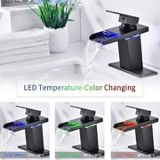LED Bathroom Basin Sink Faucet Black Waterfall Spout Mixer Tap w/ Cover