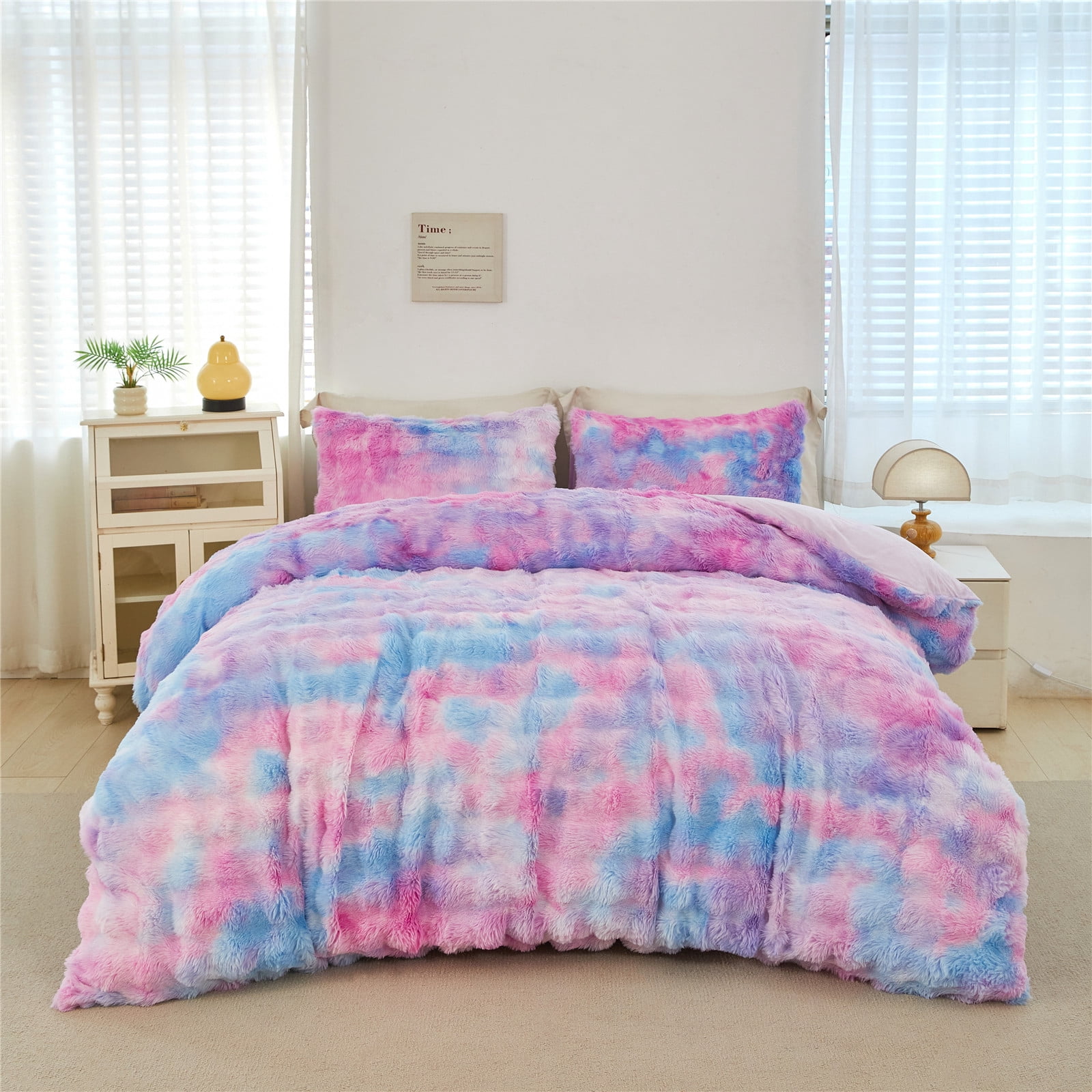 RYNGHIPY Kids Bedding Comforter Sets Full 3 Pieces Bubble Faux Fur Bedding Set Blue Purple Soft Shaggy Comforter Set Skin Friendly Fluffy Bed Set for Winter