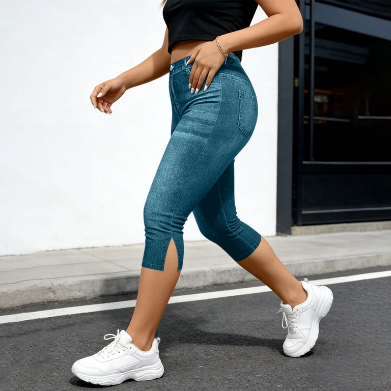 Women's Jean Leggings Capris with Slits Faux Denim Jeggings