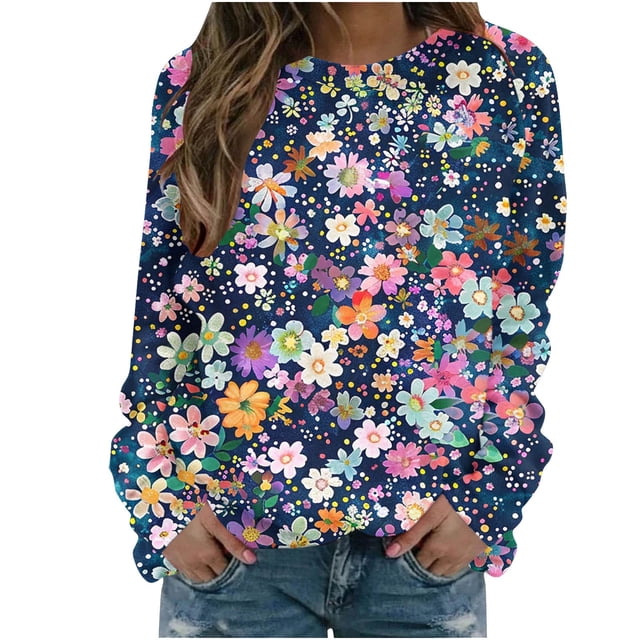 KIHOUT Chandails pour Femmes en Liquidation, Blouses à Manches Longues Col Rond Imprimé Floral Ample Automne Hiver, Tailles P-2TG