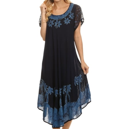 Sakkas Batik Palm Tree Cap Sleeve Caftan Dress / Cover Up - Navy Ocean - One Size