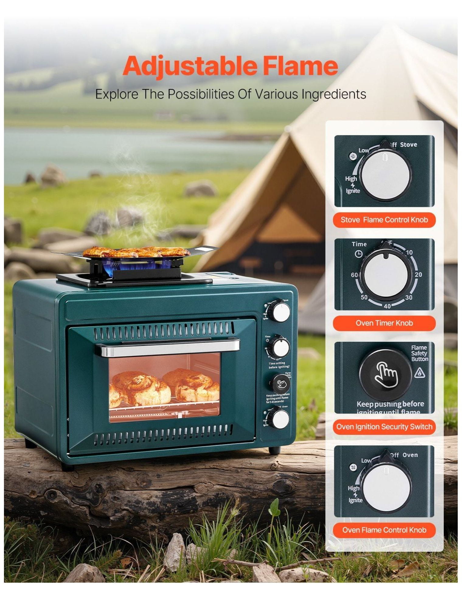 2-in-1 Portable Gas Camping Stove with Oven, Windproof, 0-60 Min Timer, Outdoor Cooking