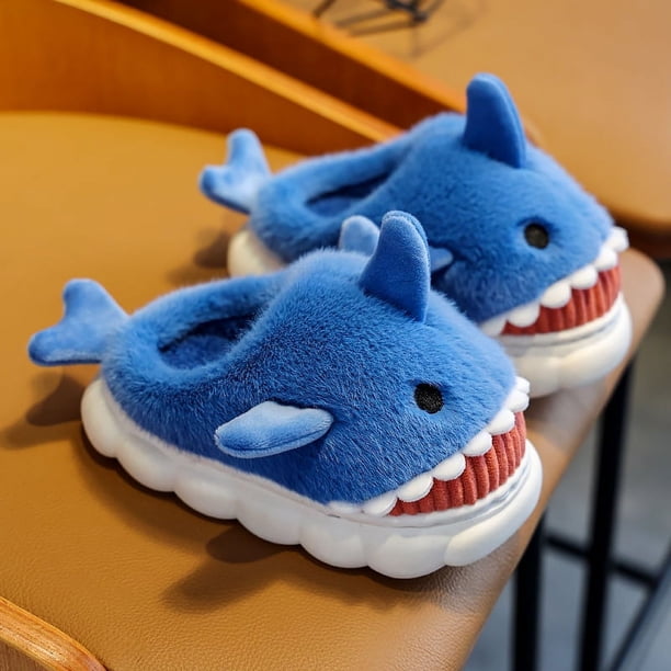 Pantuflas de algodón para niños y niñas, bonitas pantuflas de tiburón con dibujos animados, para otoño e invierno, para el hogar, para interiores, gruesas