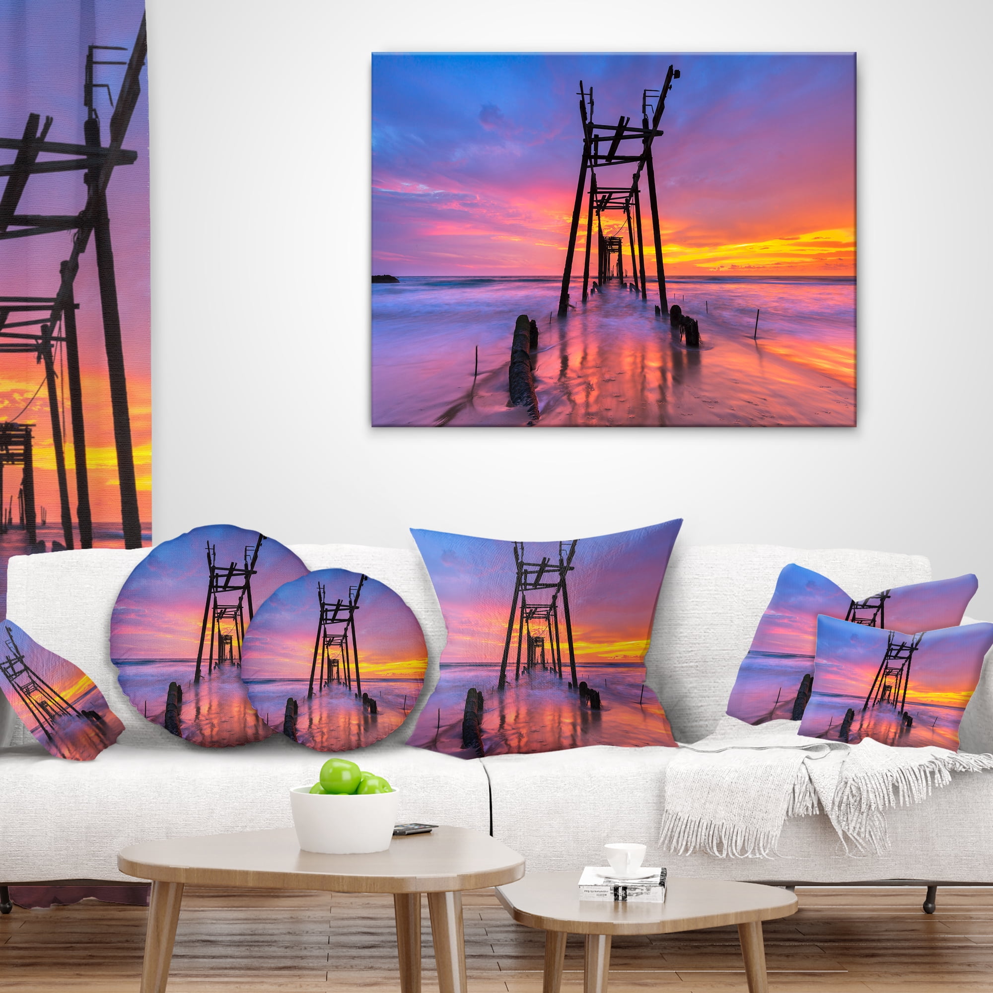 Designart Discarded Wooden Bridge at Sunset - Pier Seascape Throw Pillow - 18x18