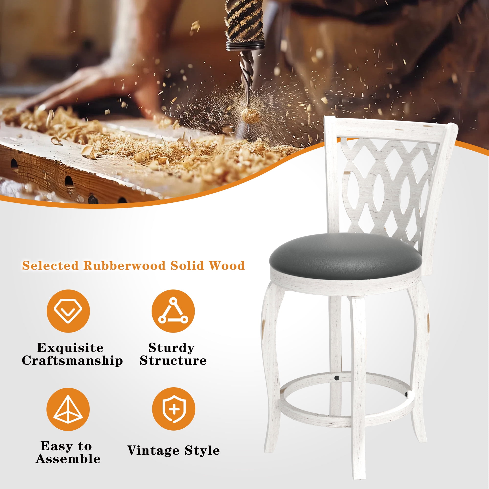 Joywind 24" Counter Height Swivel Bar Stools with High Back, Upholstered Seat & Solid Wood Footrest, White, Set of 2