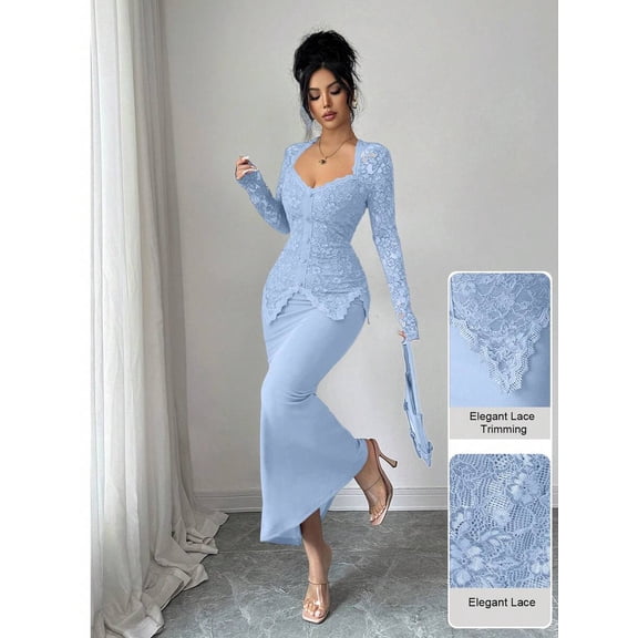 Blue Lace Overlay Button-Front Fitted Midi Dress With Long Sleeves And Square Neck