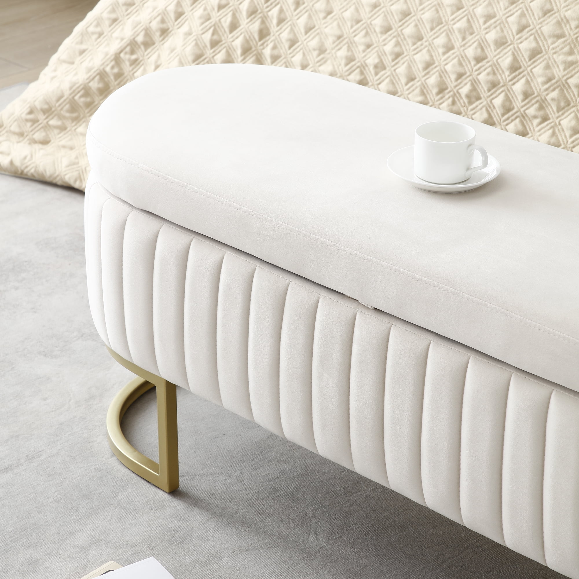 Miniyam Storage Bench Bedroom Bench, Velvet Oval Upholstered End of Bed Bench with Golden Metal Legs,Modern Storage Ottoman Bench,Beige