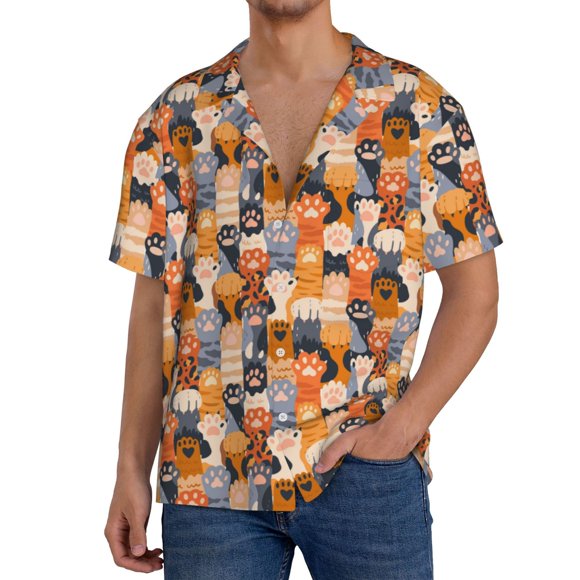 KLL Cat Paws Print Men's Shirt Short Sleeve Button Down Summer Cuba Beach Shirts-3X-Large