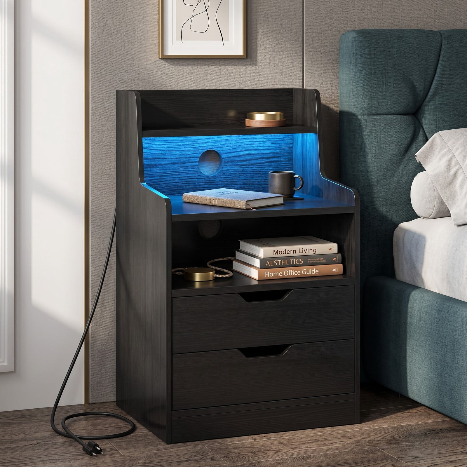 Furnibear Nightstand with RGB LED Light and Charging Station and 2 Drawers for Bedside Storage in the Bedroom and Living Room, Black
